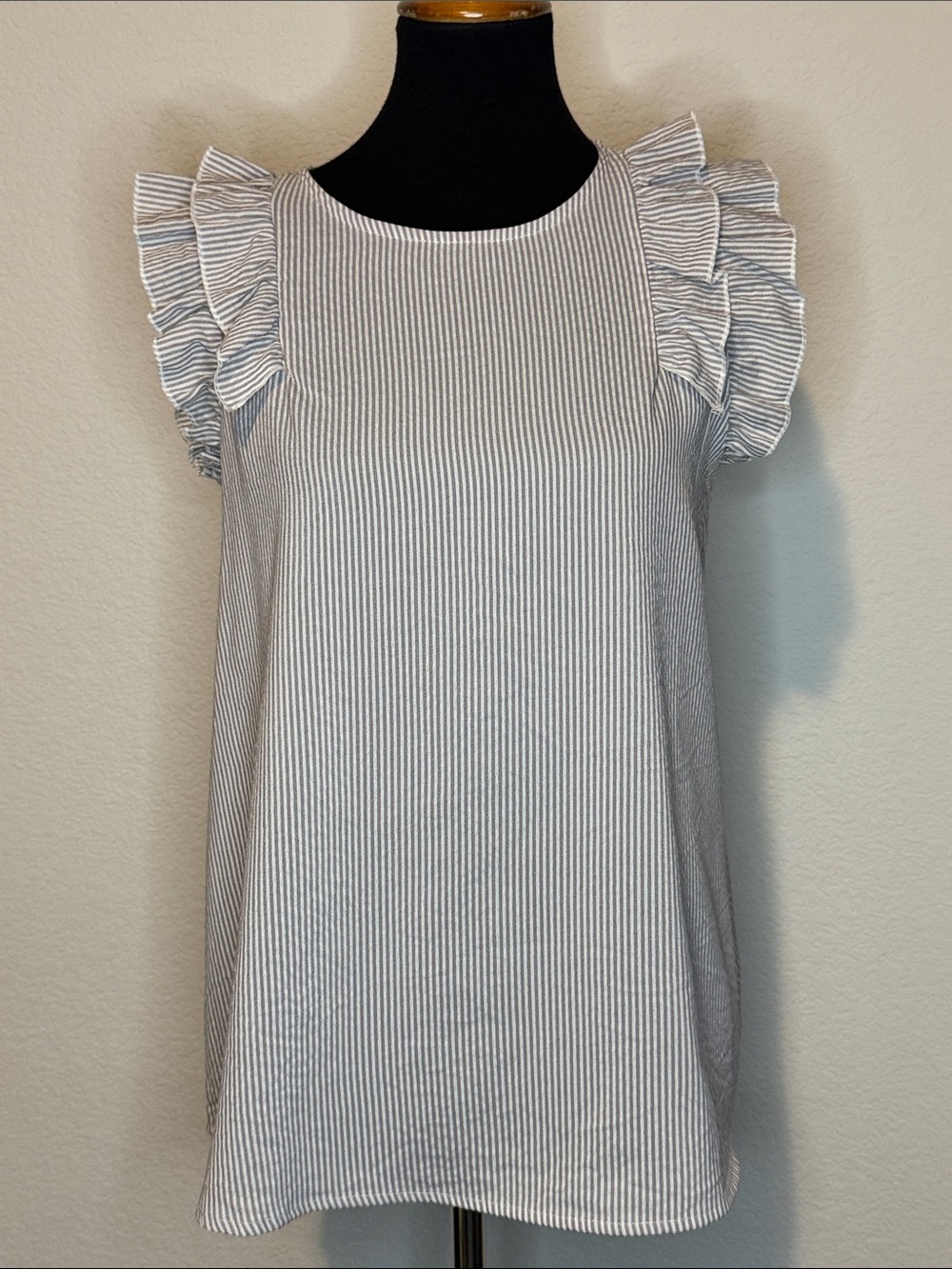 Hailey &Co. Ruffle Sleeve Striped Cotton Blouse - Grey/White